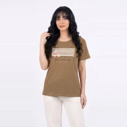 تیشرت زنانه راه راه طرح سگ رنگ خاکی - ناپولی